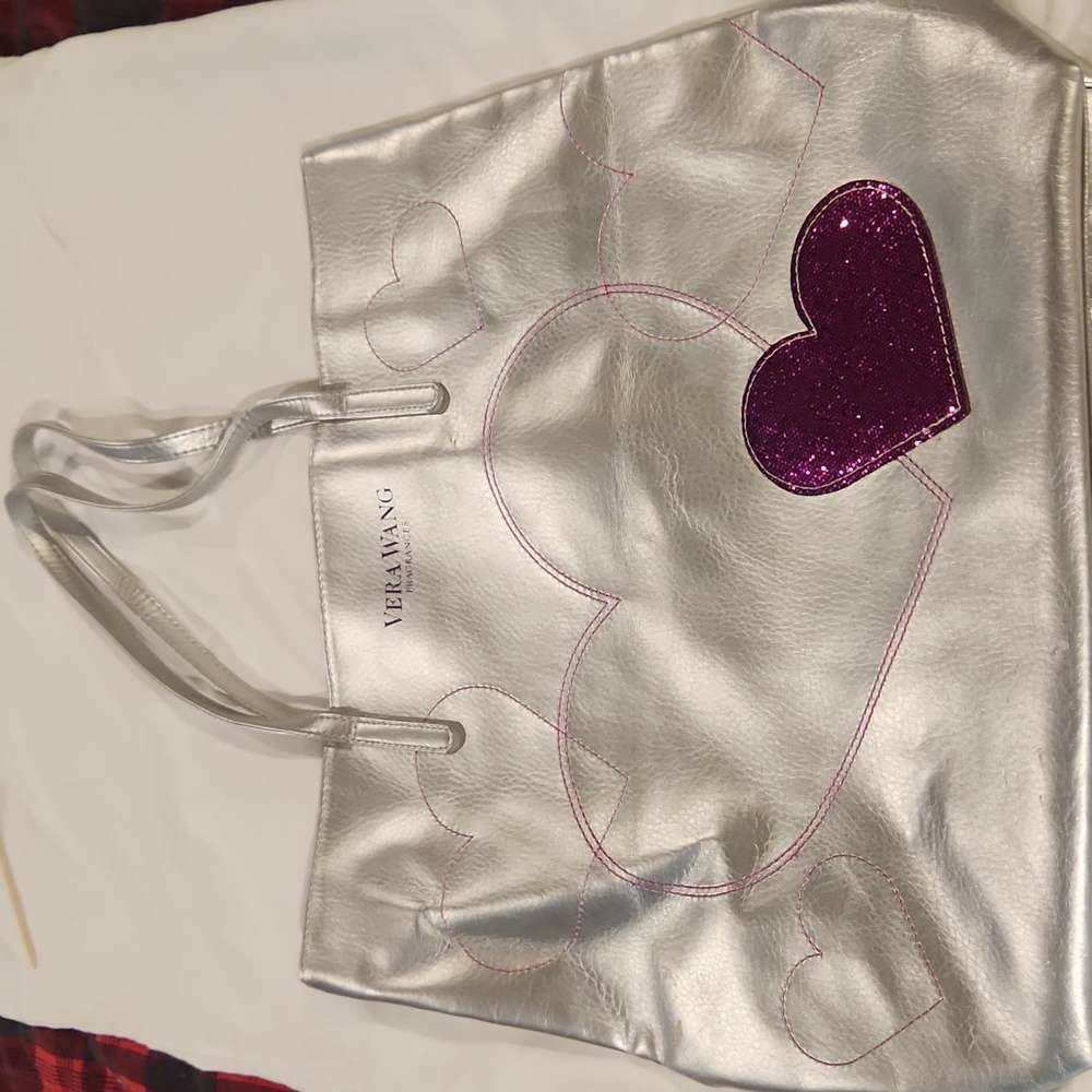 Vera Wang Metallic Silver Tote with Glittery Purple Heart